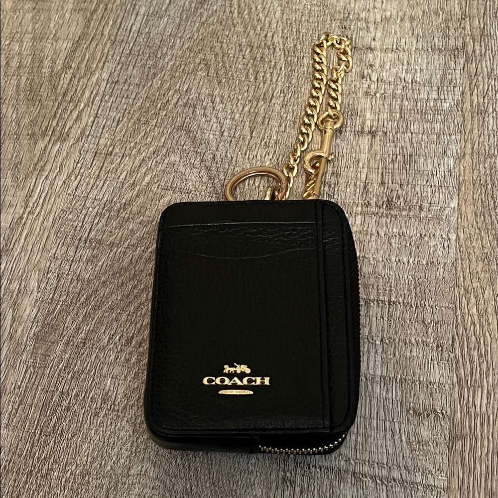 Coach Black Leather ID Wristlet with Gold Chain